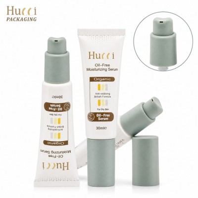 White PE airless pump cosmetic squeeze tube 30ml serum packaging with matte sage green cap