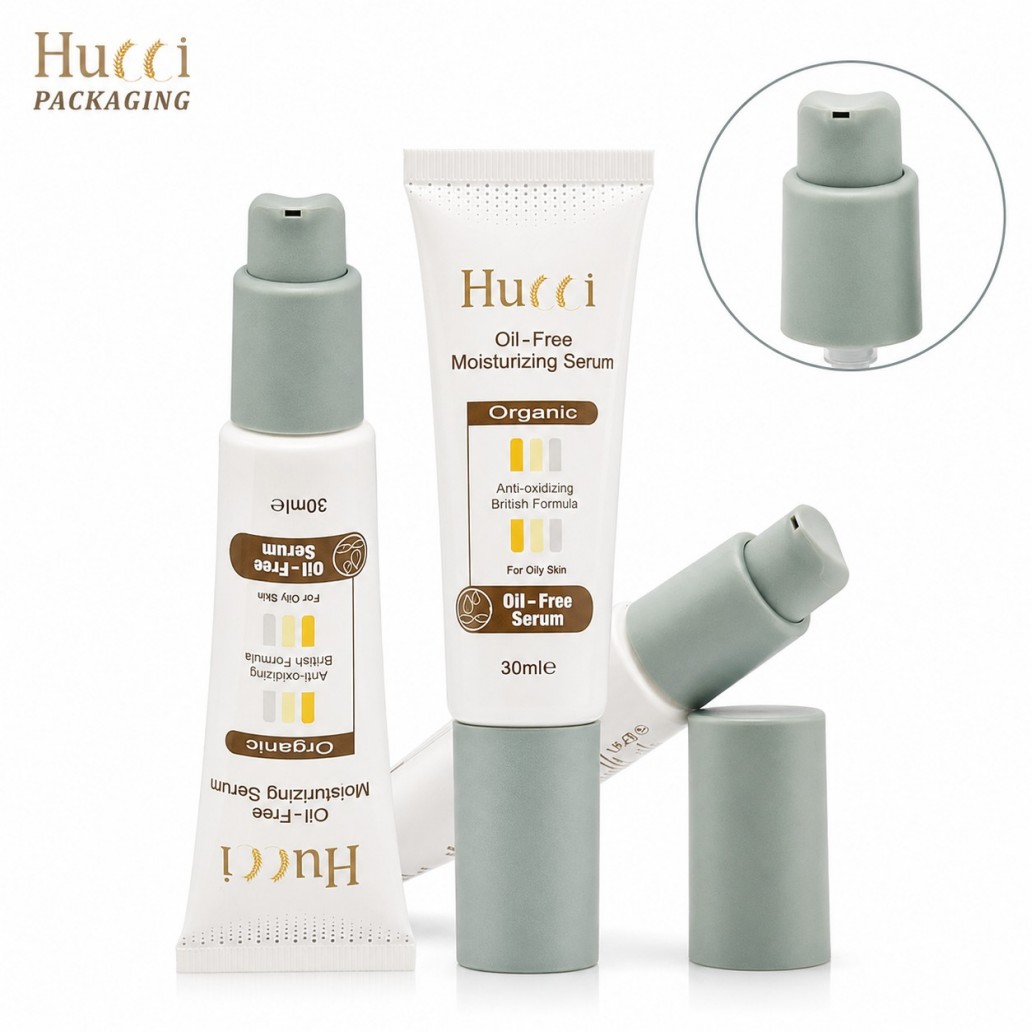 White PE airless pump cosmetic squeeze tube 30ml serum packaging with matte sage green cap