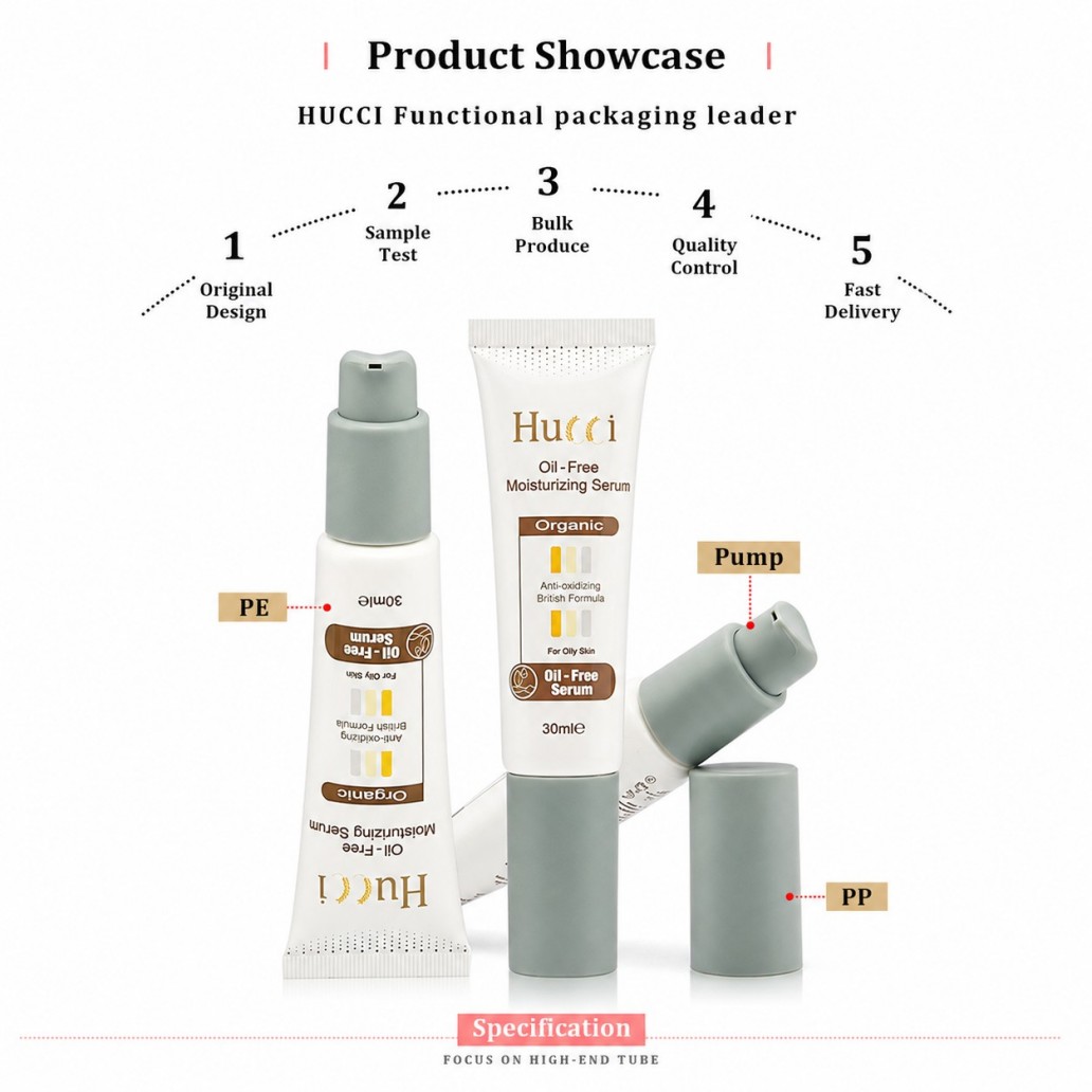 Structure diagram of PE airless pump soft tube with PP cap cosmetic serum packaging production process Structure diagram of PE airless pump soft tube with PP cap cosmetic serum packaging production process