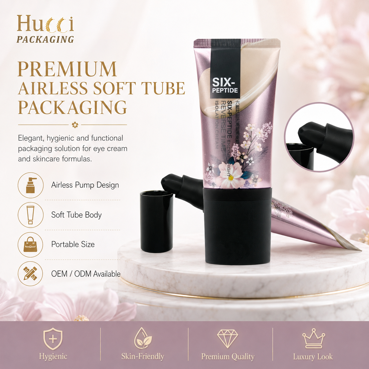 Premium ABL metallic airless soft tube packaging leak-proof portable pump design for high-end skincare cream OEM