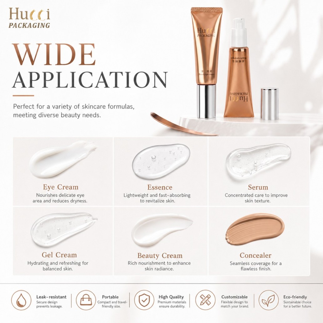 Rose gold ABL plastic squeeze eye cream tube with white pump cap empty cosmetic packaging}