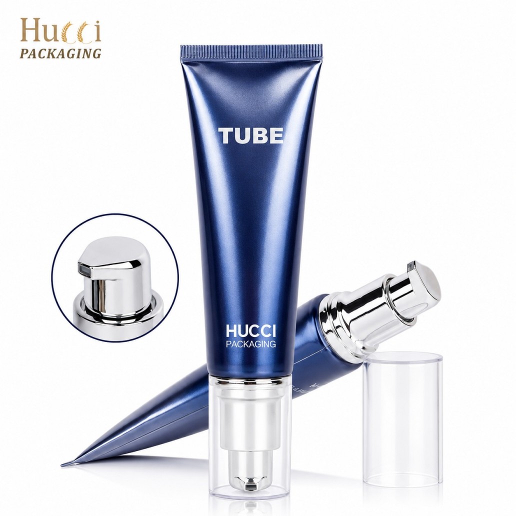 Luxury metallic blue ABL airless pump squeeze tube D30 cosmetic packaging with silver pump head and transparent overcap