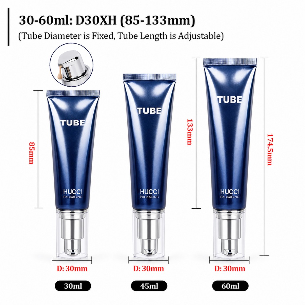 30ml 45ml 60ml D30 diameter adjustable length ABL airless pump tube dimension specification cosmetic packaging