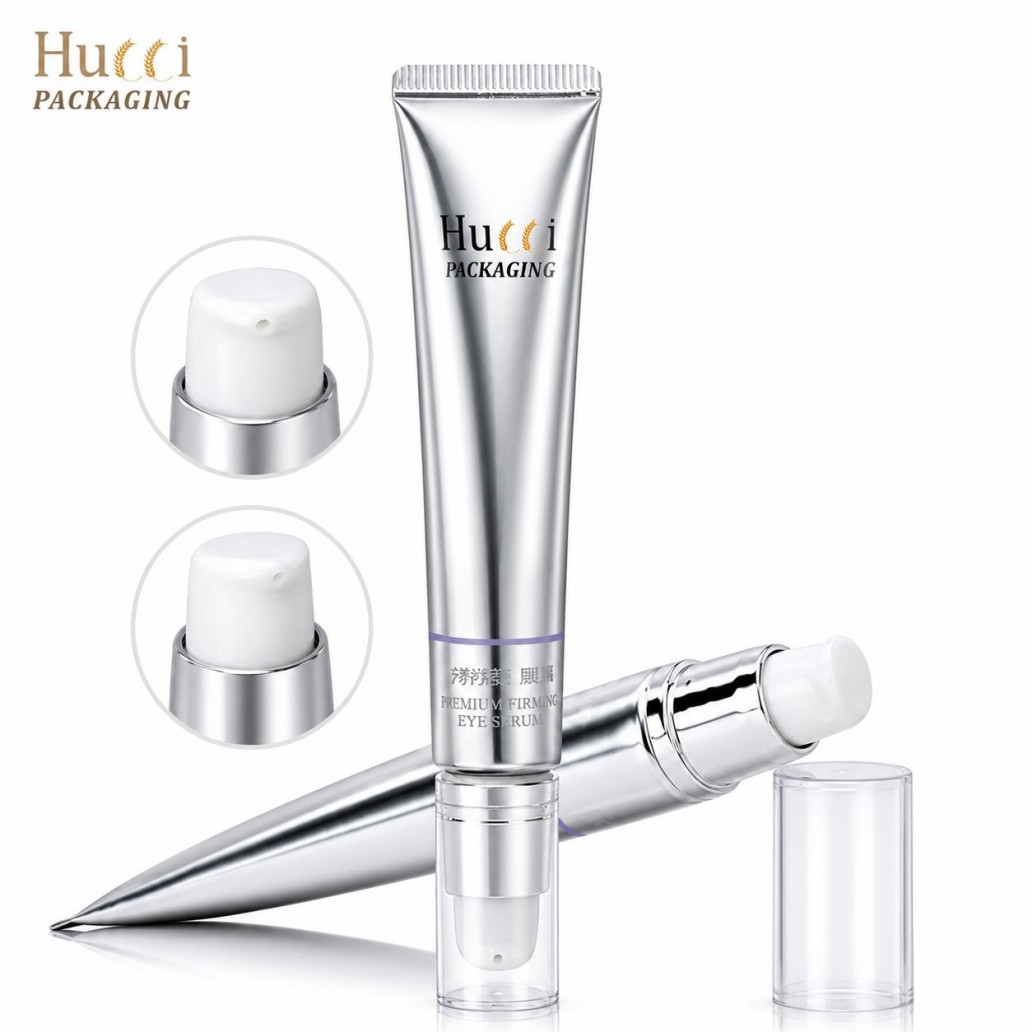Luxury silver ABL airless pump squeeze tube D19 for eye serum, close‑up of pump dispenser and PETG protective cap