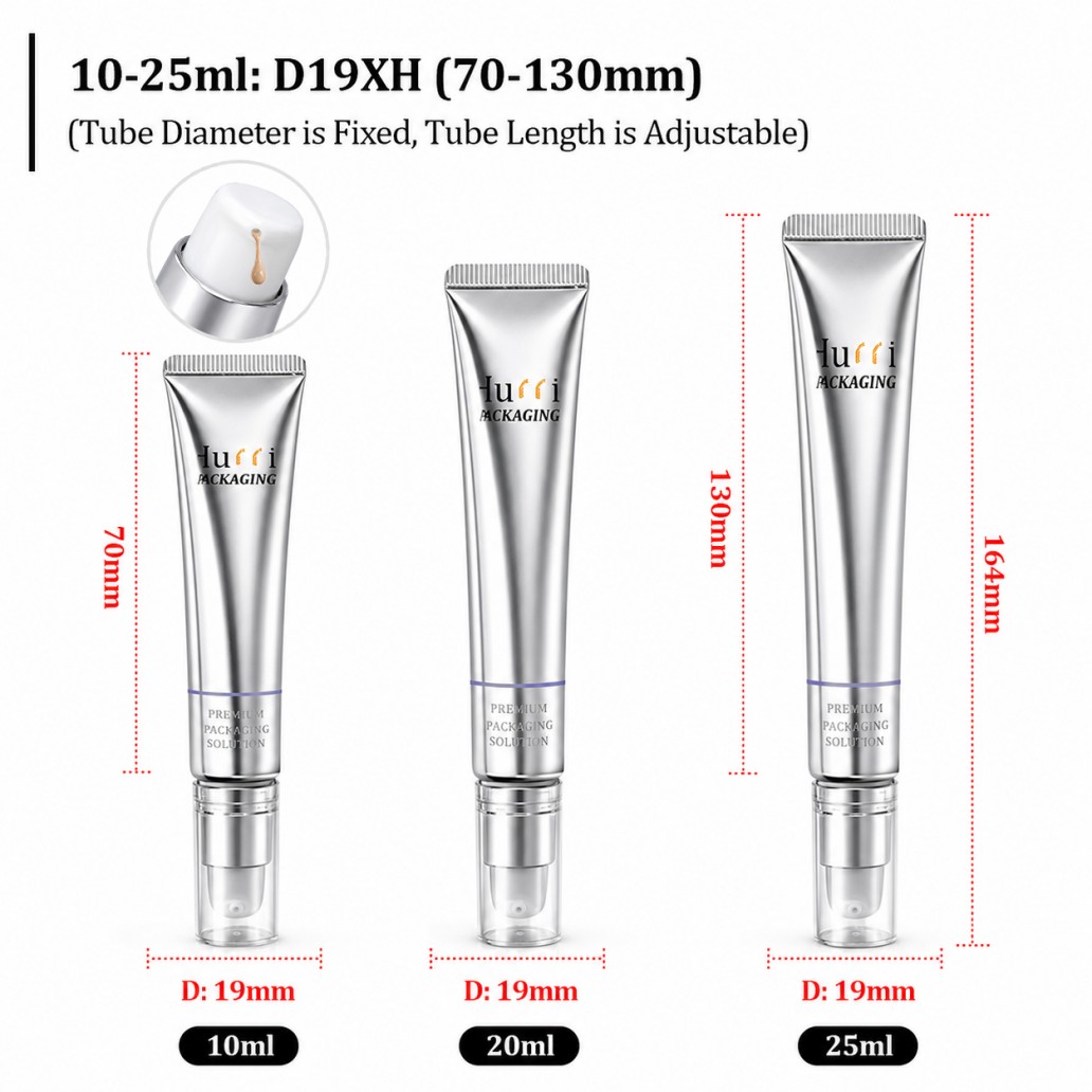 10ml 20ml 25ml D19 diameter ABL airless pump tube dimension specification, adjustable tube length cosmetic packaging