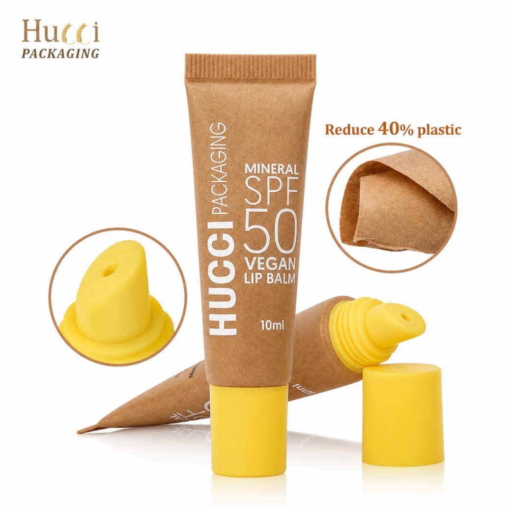 D19 kraft paper lip balm tube white background shot, yellow nozzle cap, reduce 40% plastic eco cosmetic tube close‑up
