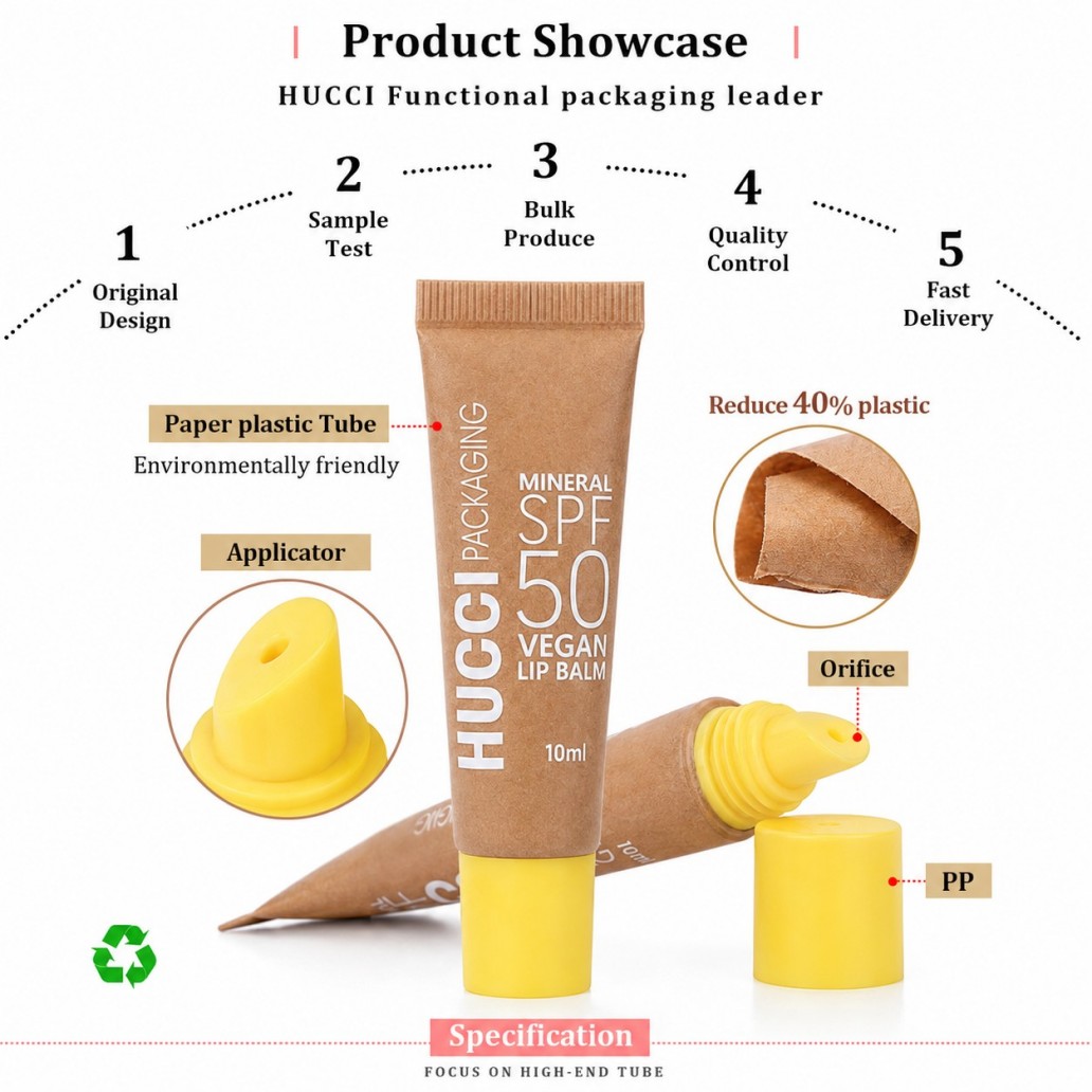 Product showcase diagram D19 kraft paper plastic tube, applicator nozzle PP cap eco‑friendly lip balm packaging Product showcase diagram D19 kraft paper plastic tube, applicator nozzle PP cap eco‑friendly lip balm packaging