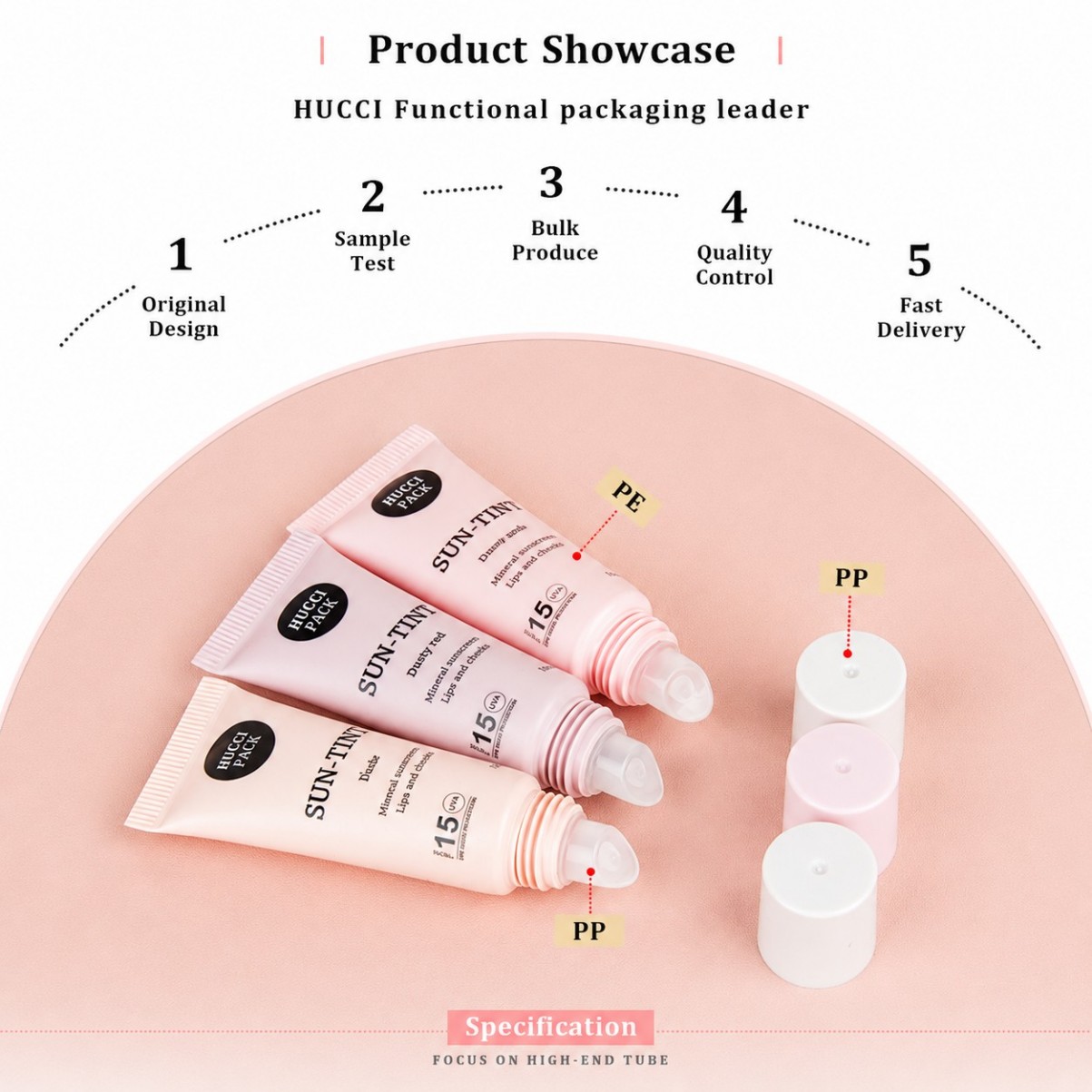 Hucci Pack cosmetic tube production process PE tube PP cap material showcase for lip tint Hucci Pack cosmetic tube production process PE tube PP cap material showcase for lip tint