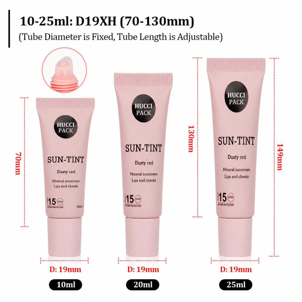 D19XH 10‑25ml plastic cosmetic tube dimension chart adjustable length lip tint squeeze tube D19XH 10‑25ml plastic cosmetic tube dimension chart adjustable length lip tint squeeze tube