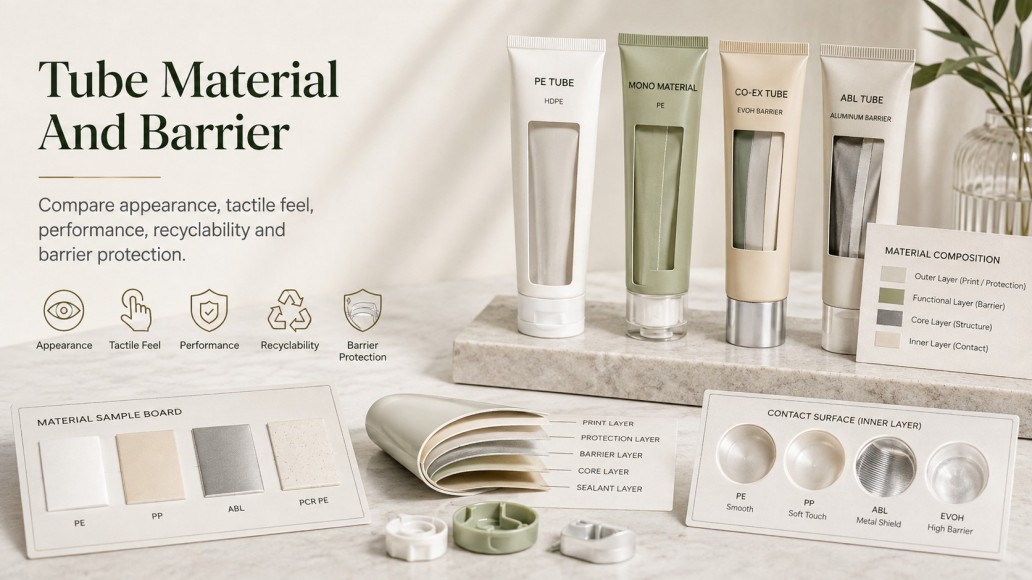 Cosmetic tube material and barrier comparison for PE, ABL and recyclable skincare packaging structures Cosmetic tube material and barrier comparison for PE, ABL and recyclable skincare packaging structures