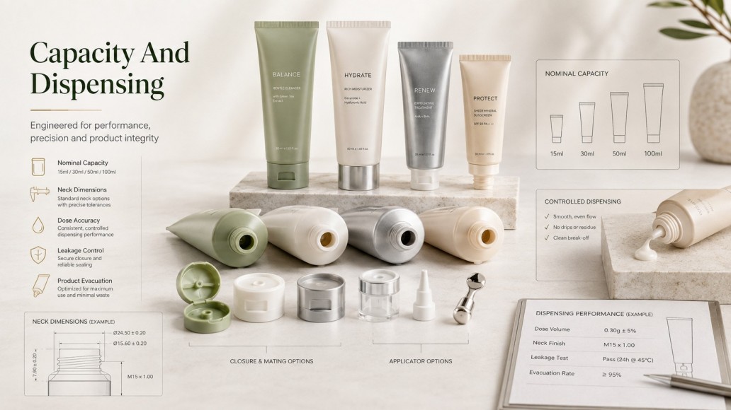 Custom cosmetic tube packaging with different capacities, closures, applicators and controlled skincare dispensing options Custom cosmetic tube packaging with different capacities, closures, applicators and controlled skincare dispensing options