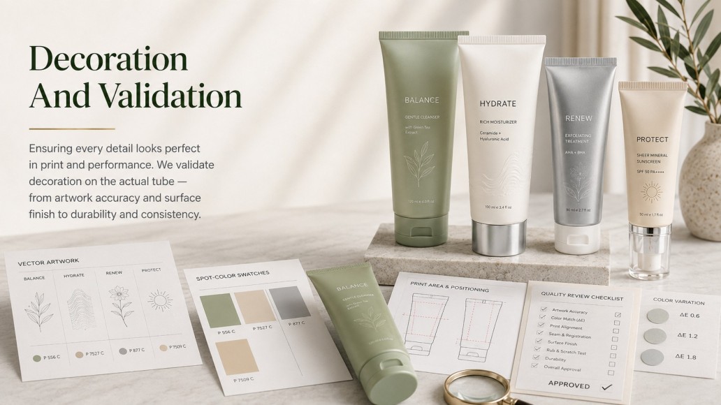 Cosmetic tube decoration and validation with artwork, color swatches, print area checks and physical packaging samples Cosmetic tube decoration and validation with artwork, color swatches, print area checks and physical packaging samples