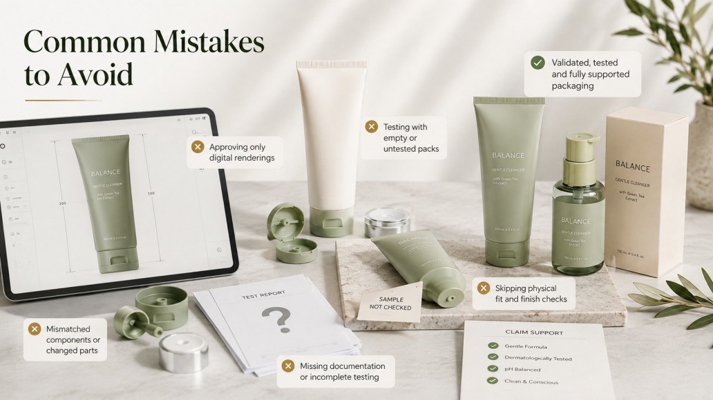 Common cosmetic tube packaging mistakes including untested samples, mismatched components and incomplete documentation Common cosmetic tube packaging mistakes including untested samples, mismatched components and incomplete documentation
