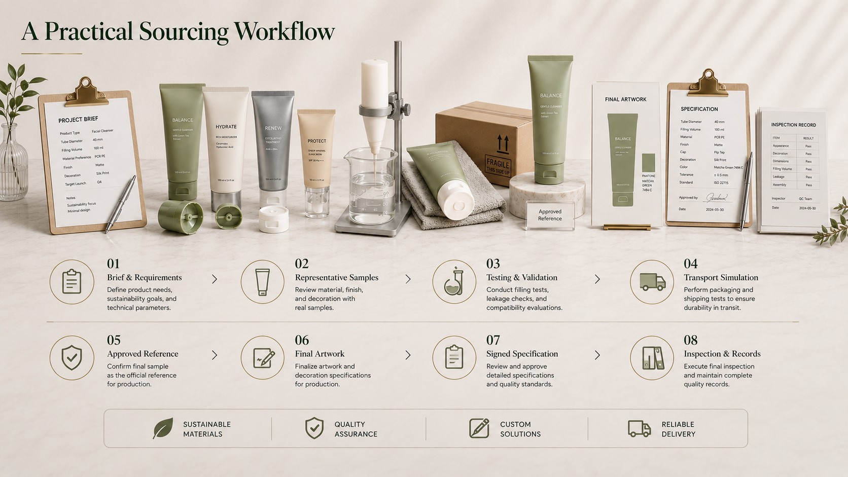 Cosmetic tube packaging sourcing workflow from product brief and samples to testing, artwork approval and production inspection Cosmetic tube packaging sourcing workflow from product brief and samples to testing, artwork approval and production inspection