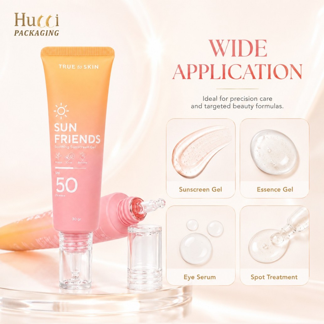 Multi-use dropper cosmetic squeeze tube for sunscreen gel, essence gel, eye serum and spot treatment packaging}