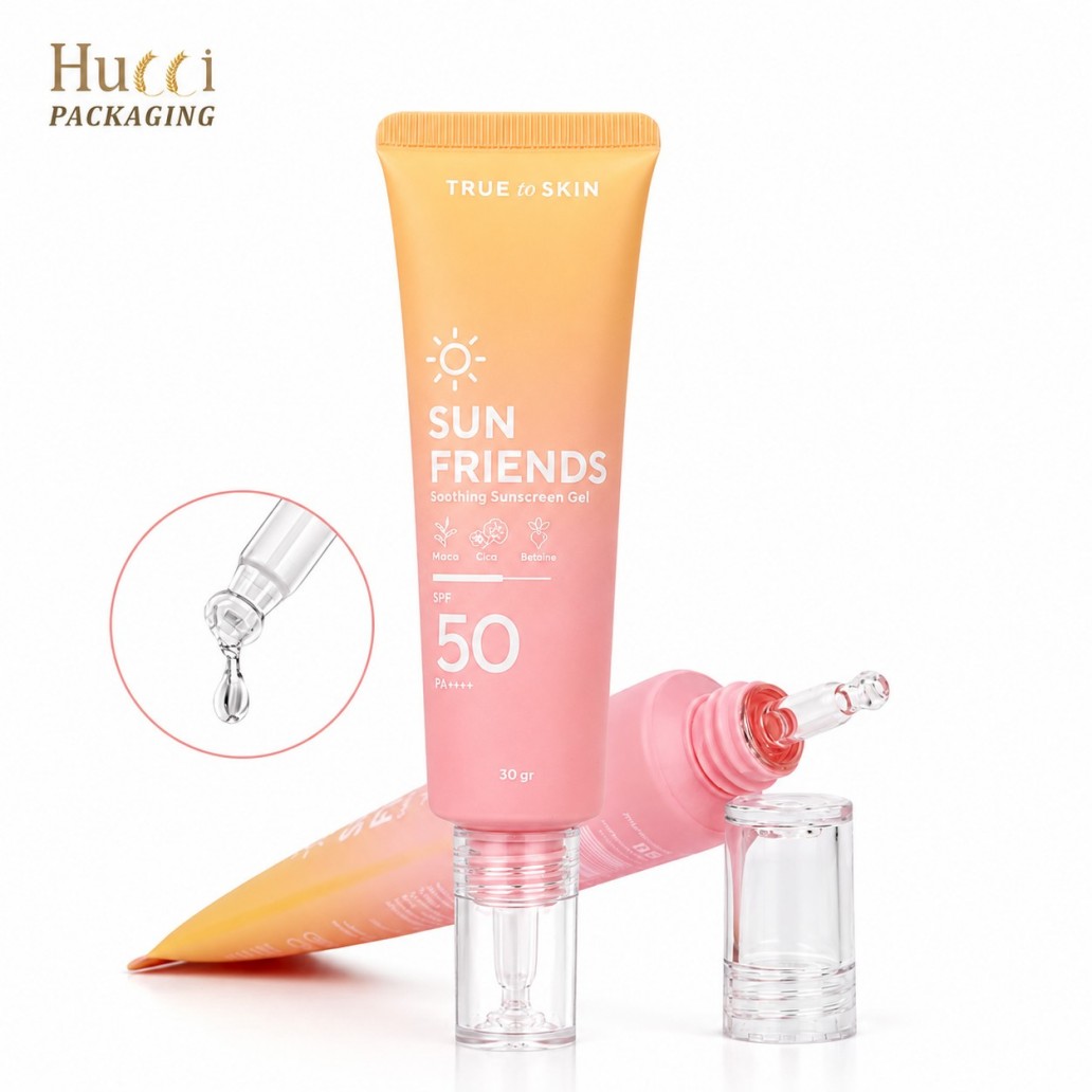 30g gradient PE sunscreen squeeze tube with clear PETG dropper applicator cosmetic packaging white background
