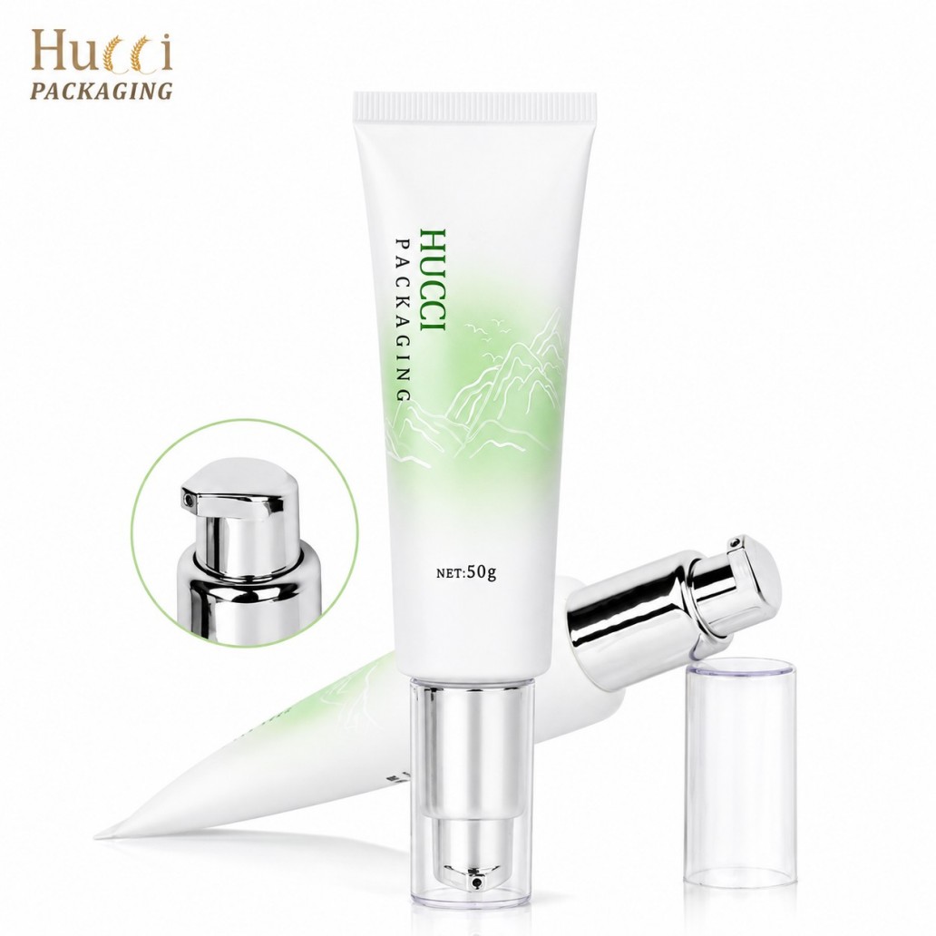 50g white green gradient PBL cosmetic squeeze tube with silver airless pump for skincare cream packaging