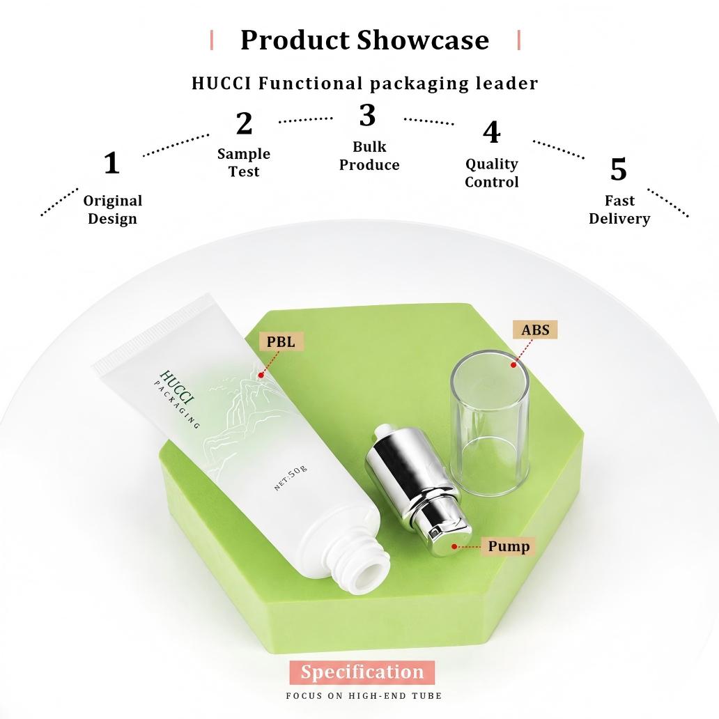 Airless pump cosmetic tube material showcase PBL tube ABS cap silver pump skincare packaging OEM ODM Airless pump cosmetic tube material showcase PBL tube ABS cap silver pump skincare packaging OEM ODM