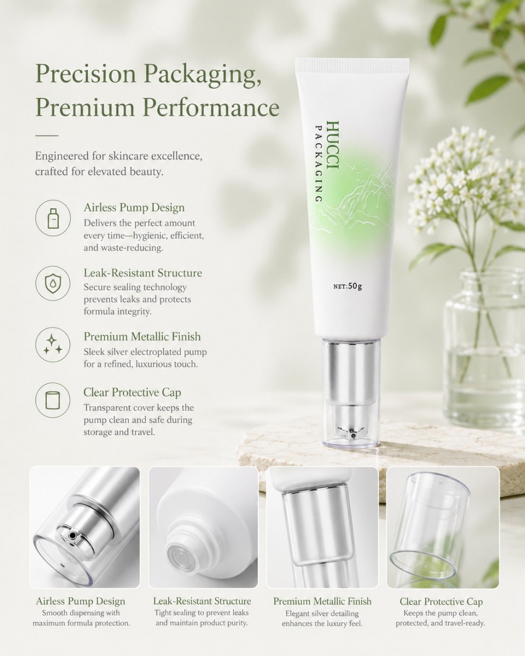 Airless pump cosmetic tube precision packaging leak resistant metallic finish clear protective cap details Airless pump cosmetic tube precision packaging leak resistant metallic finish clear protective cap details