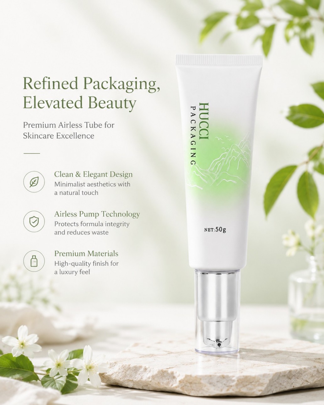 Refined elegant airless pump cosmetic tube premium PBL material clean minimalist skincare packaging design Refined elegant airless pump cosmetic tube premium PBL material clean minimalist skincare packaging design