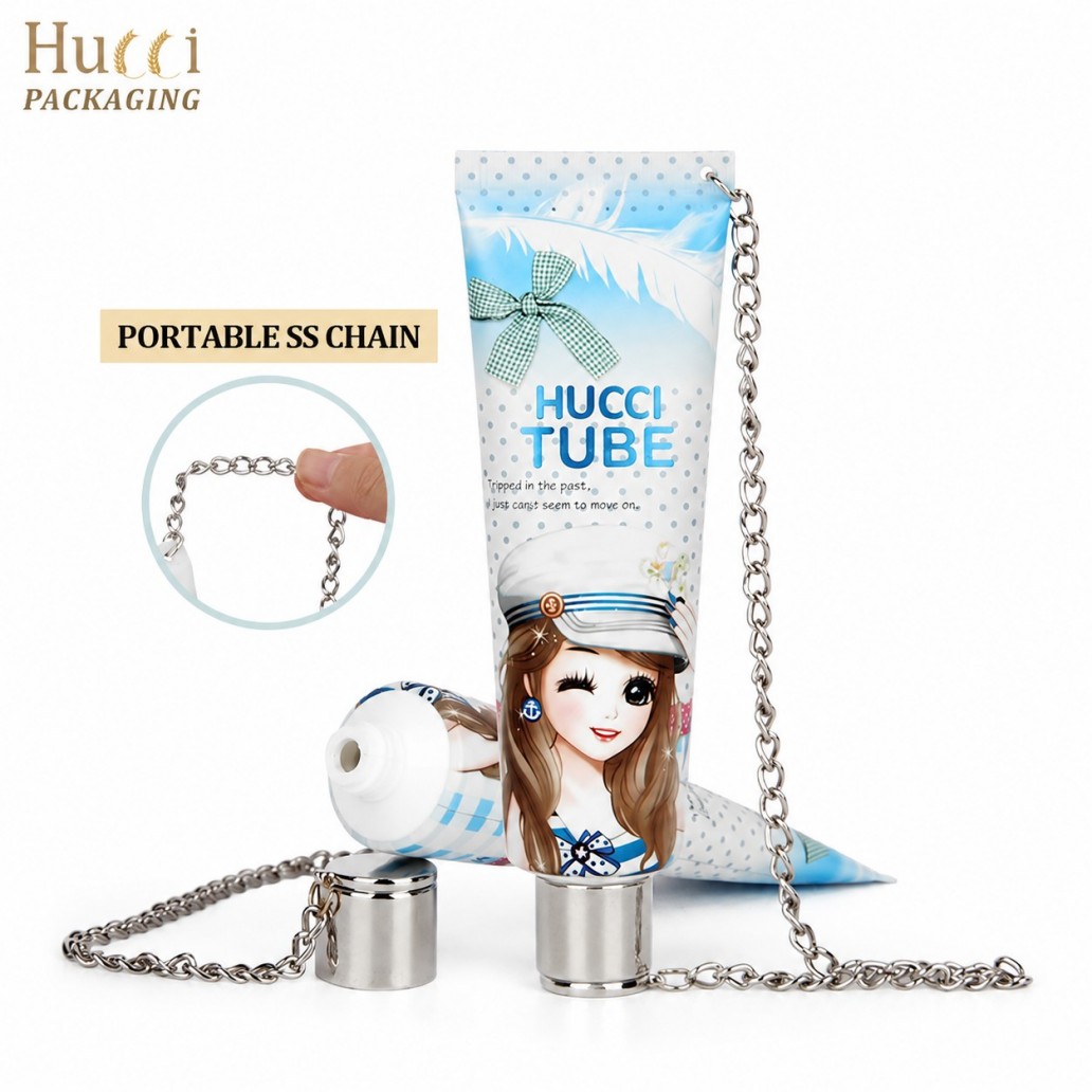 Cute cartoon PBL cosmetic squeeze tube with stainless steel chain suitable for lip balm hand cream sunscreen essence gel packaging