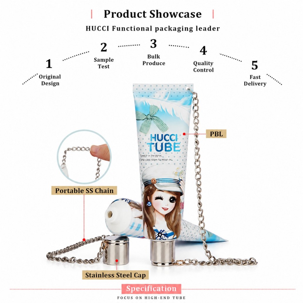 Product showcase PBL cosmetic tube stainless steel chain metal cap custom beauty squeeze tube specification Product showcase PBL cosmetic tube stainless steel chain metal cap custom beauty squeeze tube specification