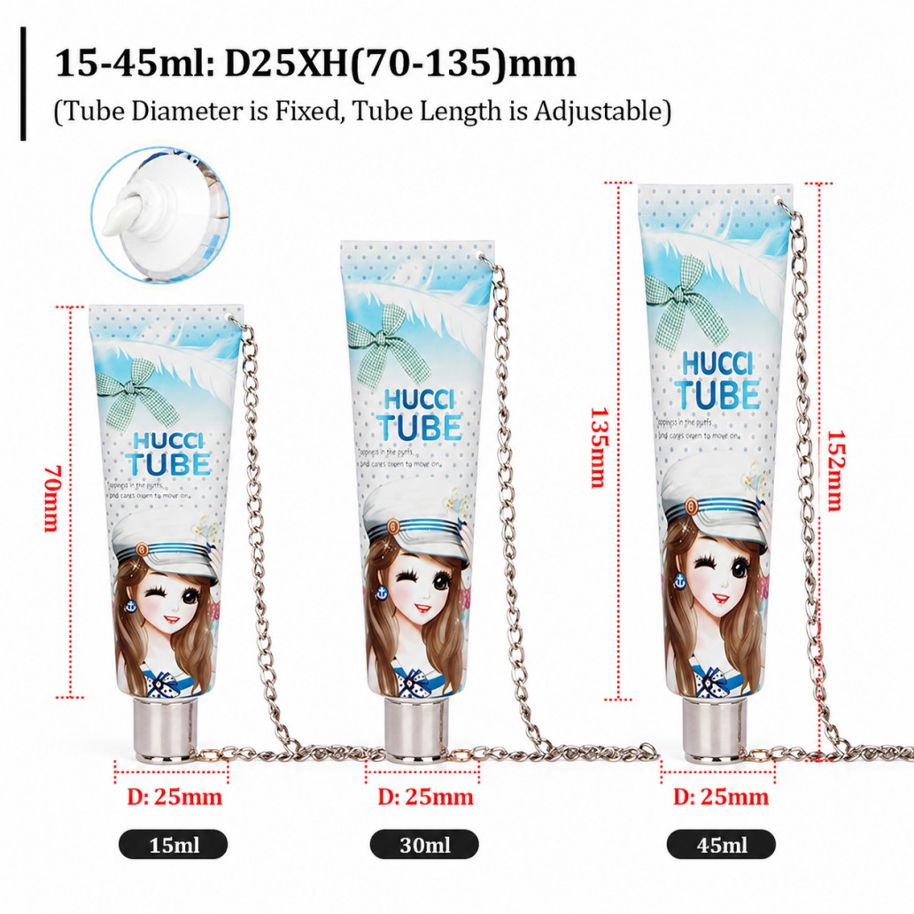 D25XH 15ml 30ml 45ml adjustable length cosmetic squeeze tube with stainless steel chain size chart D25XH 15ml 30ml 45ml adjustable length cosmetic squeeze tube with stainless steel chain size chart