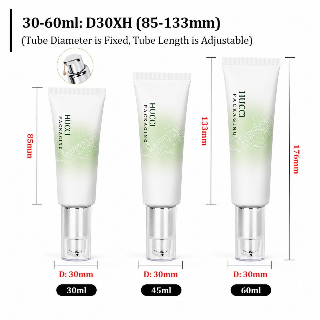 D30XH 30ml 45ml 60ml adjustable length airless pump cosmetic tube size chart PBL skincare squeeze tube D30XH 30ml 45ml 60ml adjustable length airless pump cosmetic tube size chart PBL skincare squeeze tube