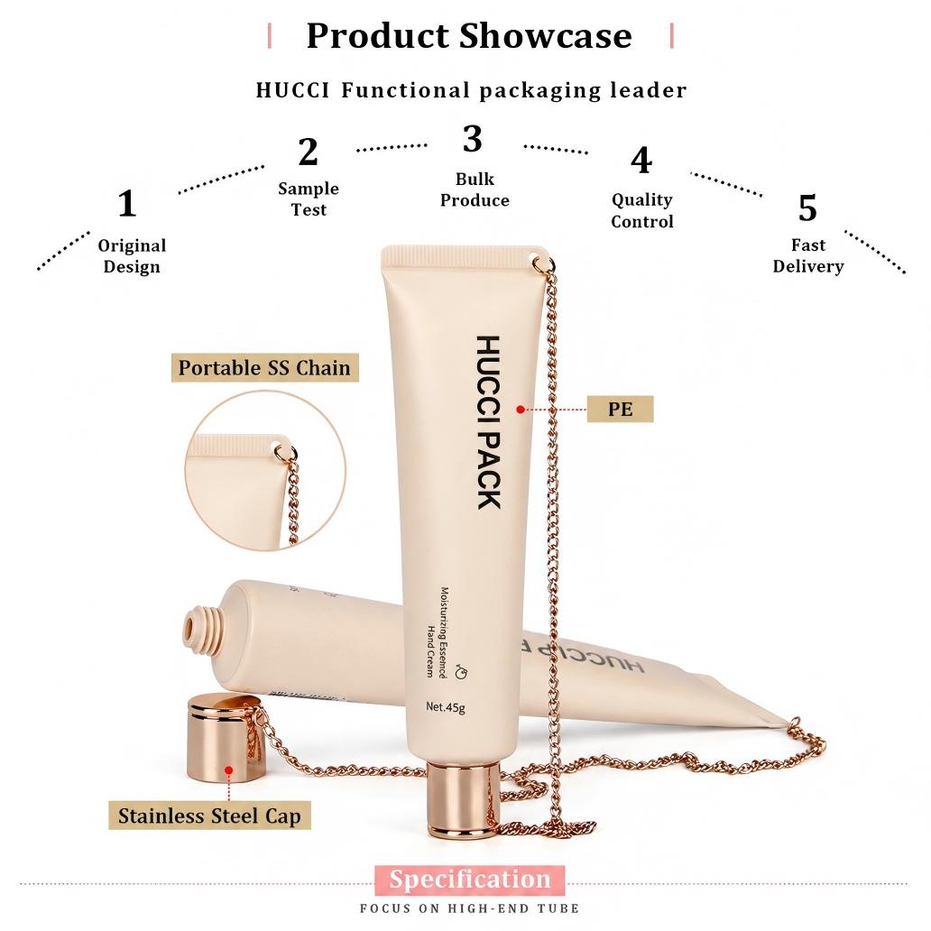 Product showcase PE cosmetic squeeze tube with portable stainless steel rose gold chain and metal cap for hand cream packaging