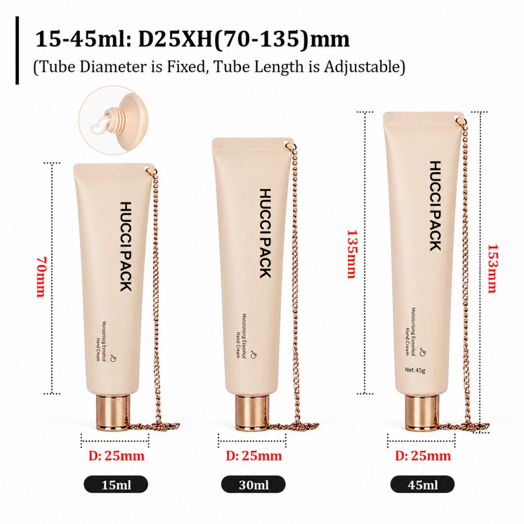 D25XH 15ml 30ml 45ml adjustable length PE cosmetic tube with rose gold chain size specification chart