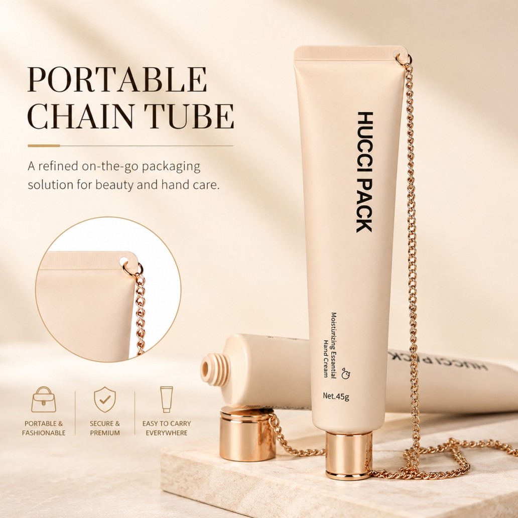 Portable chain PE cosmetic tube elegant on-the-go packaging for hand care and beauty cream
