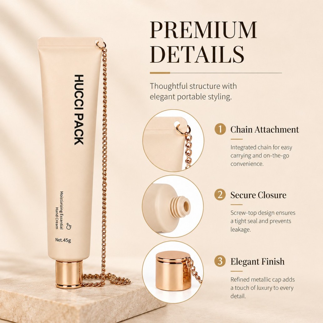 Premium details PE squeeze tube with rose gold chain integrated chain attachment screw cap leakproof cosmetic packaging