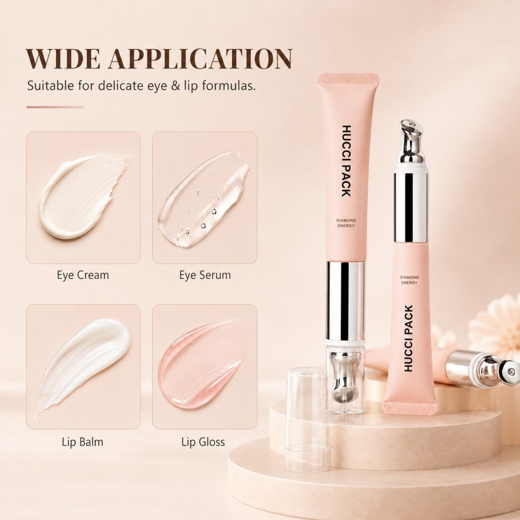 Pink PE squeeze cosmetic tube with vibrating metal massage tip for eye cream eye serum lip balm lip gloss packaging}