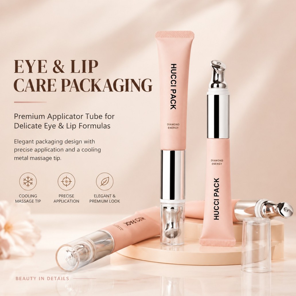 Premium eye & lip care cosmetic tube with cooling vibrating metal massage applicator tip skincare squeeze tube