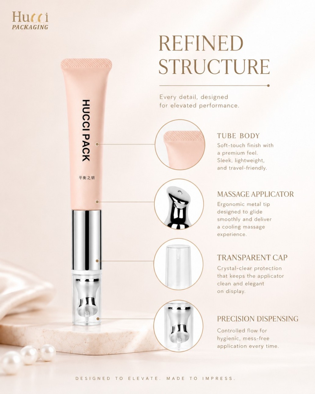 Refined structure eye lip care cosmetic tube soft‑touch PE tube metal massage applicator PETG clear cap skincare packaging