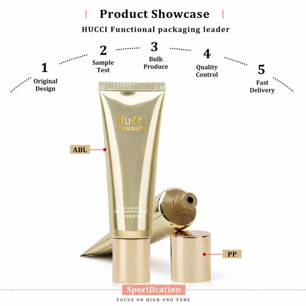 Product showcase luxury gold ABL cosmetic tube, ABL tube body PP cap for skincare cream packaging Product showcase luxury gold ABL cosmetic tube, ABL tube body PP cap for skincare cream packaging