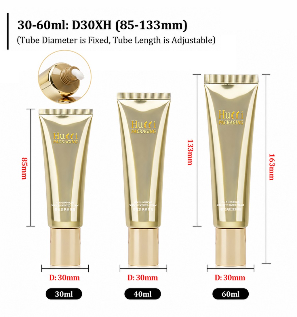 D30XH 30ml 40ml 60ml adjustable length metallic gold ABL cosmetic squeeze tube size chart D30XH 30ml 40ml 60ml adjustable length metallic gold ABL cosmetic squeeze tube size chart