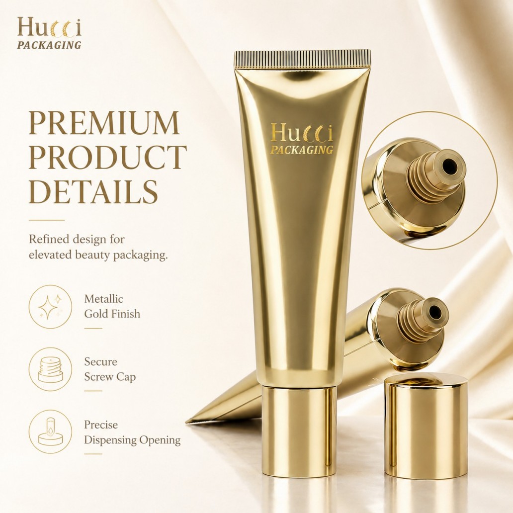 Premium metallic gold finish ABL cosmetic squeeze tube with secure screw cap and precise dispensing opening Premium metallic gold finish ABL cosmetic squeeze tube with secure screw cap and precise dispensing opening