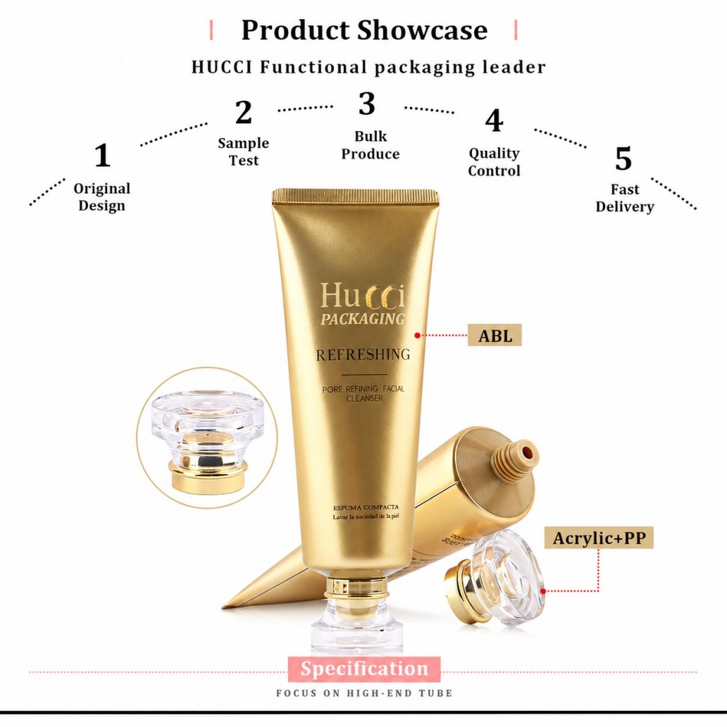 Product showcase gold ABL cosmetic tube with acrylic PP cap, high-end skincare packaging material diagram Product showcase gold ABL cosmetic tube with acrylic PP cap, high-end skincare packaging material diagram