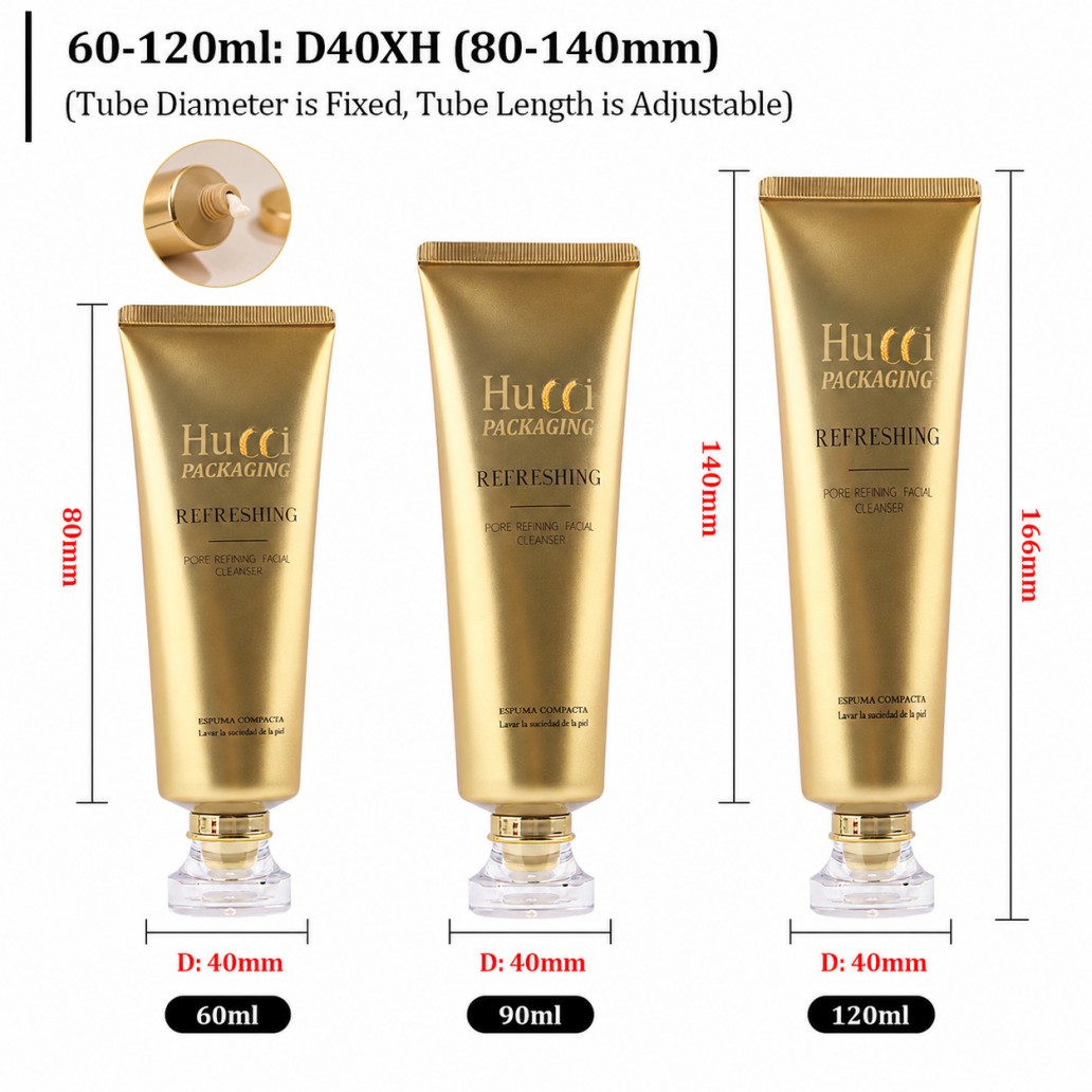 D40XH 60ml 90ml 120ml adjustable length metallic gold ABL cosmetic tube size specification chart D40XH 60ml 90ml 120ml adjustable length metallic gold ABL cosmetic tube size specification chart