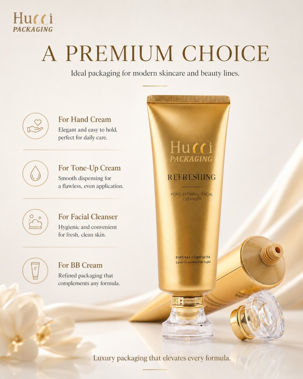 Premium gold ABL cosmetic tube packaging for hand cream, tone-up cream, facial cleanser and BB cream Premium gold ABL cosmetic tube packaging for hand cream, tone-up cream, facial cleanser and BB cream
