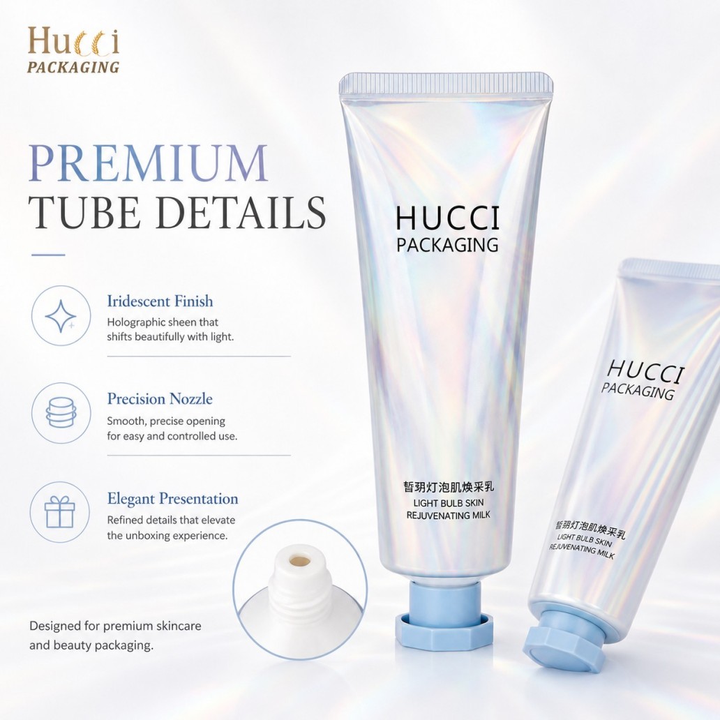 Premium tube details holographic iridescent ABL skincare squeeze tube with light blue octagonal PP cap Premium tube details holographic iridescent ABL skincare squeeze tube with light blue octagonal PP cap