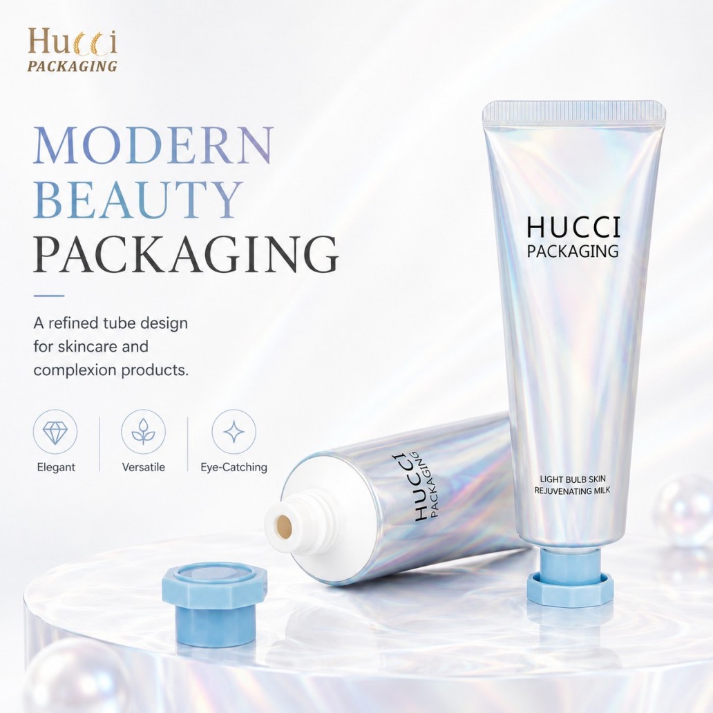 Modern beauty packaging iridescent holographic ABL cosmetic squeeze tube for skincare complexion products Modern beauty packaging iridescent holographic ABL cosmetic squeeze tube for skincare complexion products