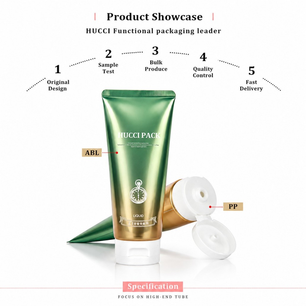 Product showcase gradient green gold ABL cosmetic tube with white flip top PP cap, skincare packaging material diagram