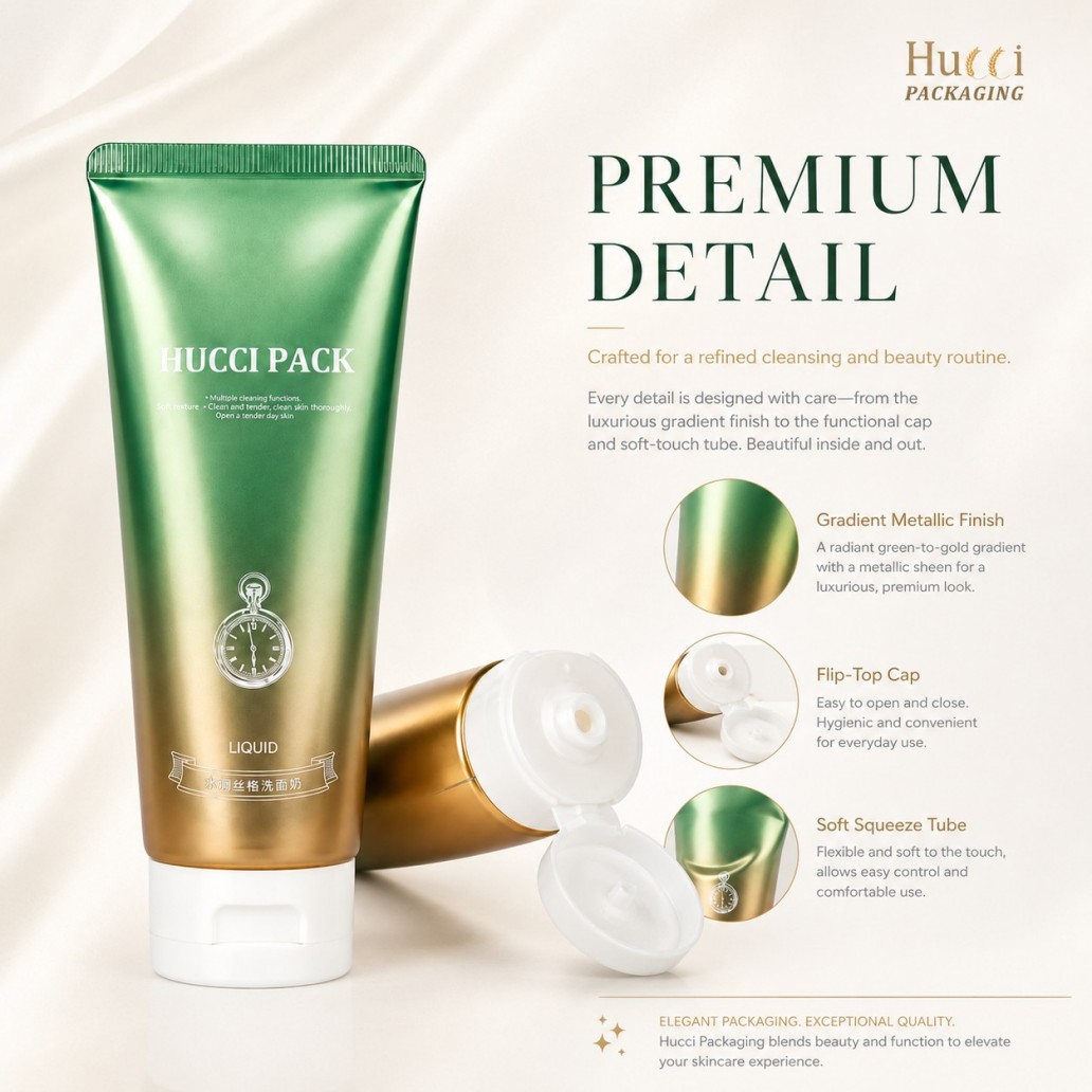 Premium detail gradient green gold metallic ABL skincare squeeze tube with white PP flip top cap