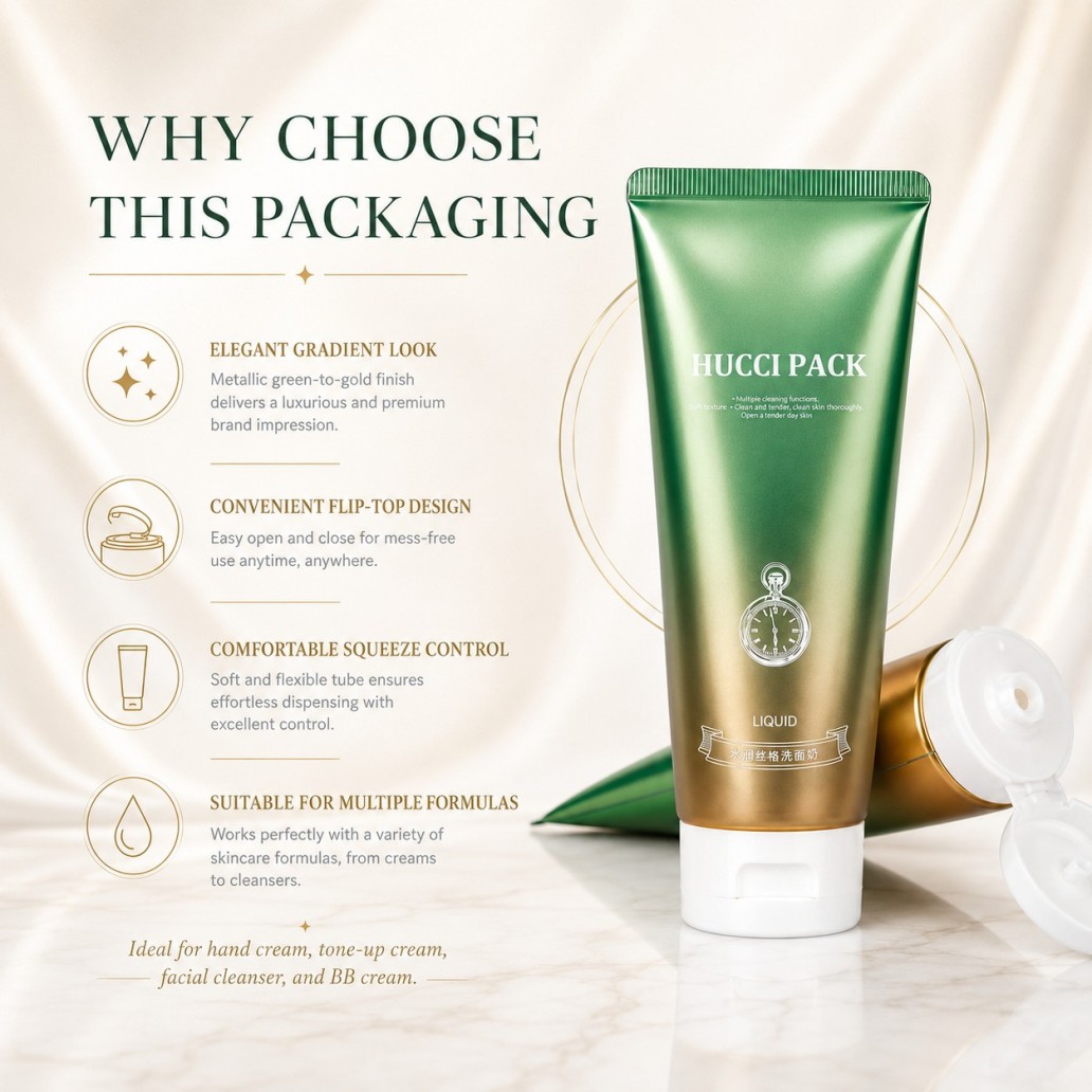 Why choose gradient green gold metallic ABL cosmetic squeeze tube, premium skincare packaging with flip top cap