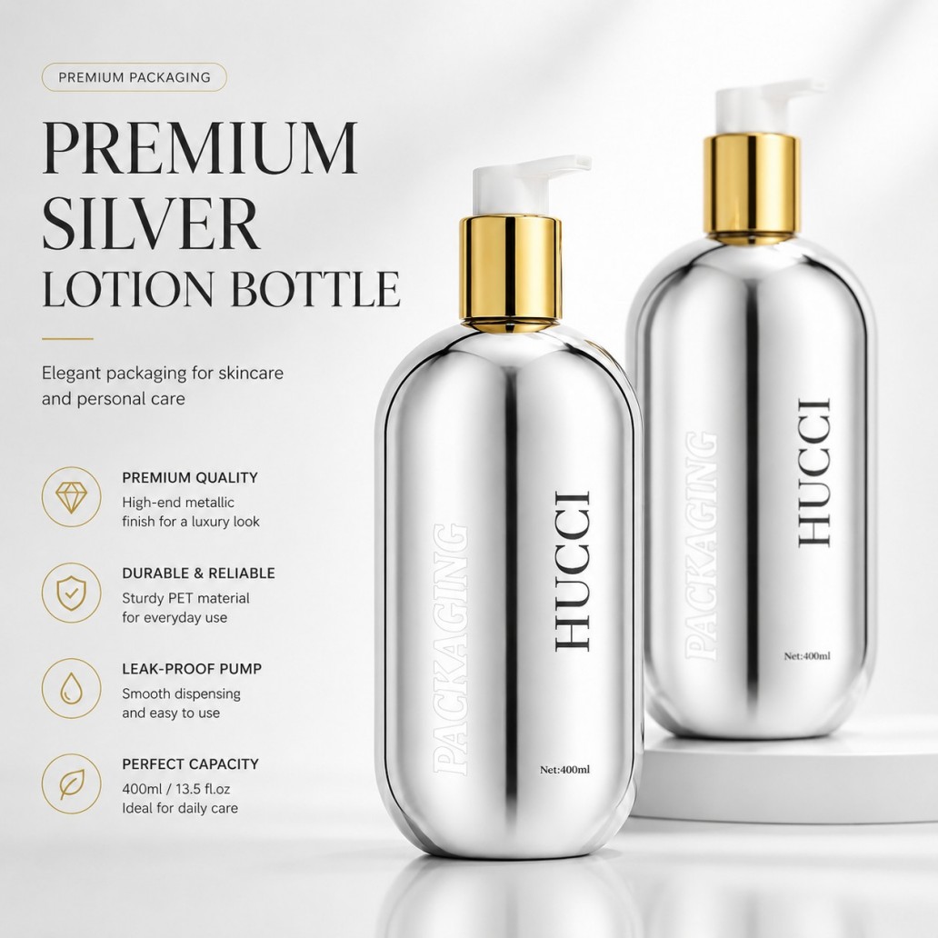 Premium silver 400ml PET lotion pump bottle luxury metallic finish skincare packaging feature poster Premium silver 400ml PET lotion pump bottle luxury metallic finish skincare packaging feature poster