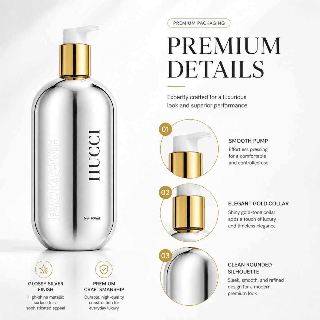 Premium details 400ml metallic silver PET pump bottle smooth pump gold collar rounded silhouette Premium details 400ml metallic silver PET pump bottle smooth pump gold collar rounded silhouette