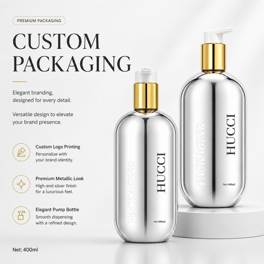 Custom packaging 400ml metallic silver PET lotion bottle custom logo printing luxury cosmetic container Custom packaging 400ml metallic silver PET lotion bottle custom logo printing luxury cosmetic container