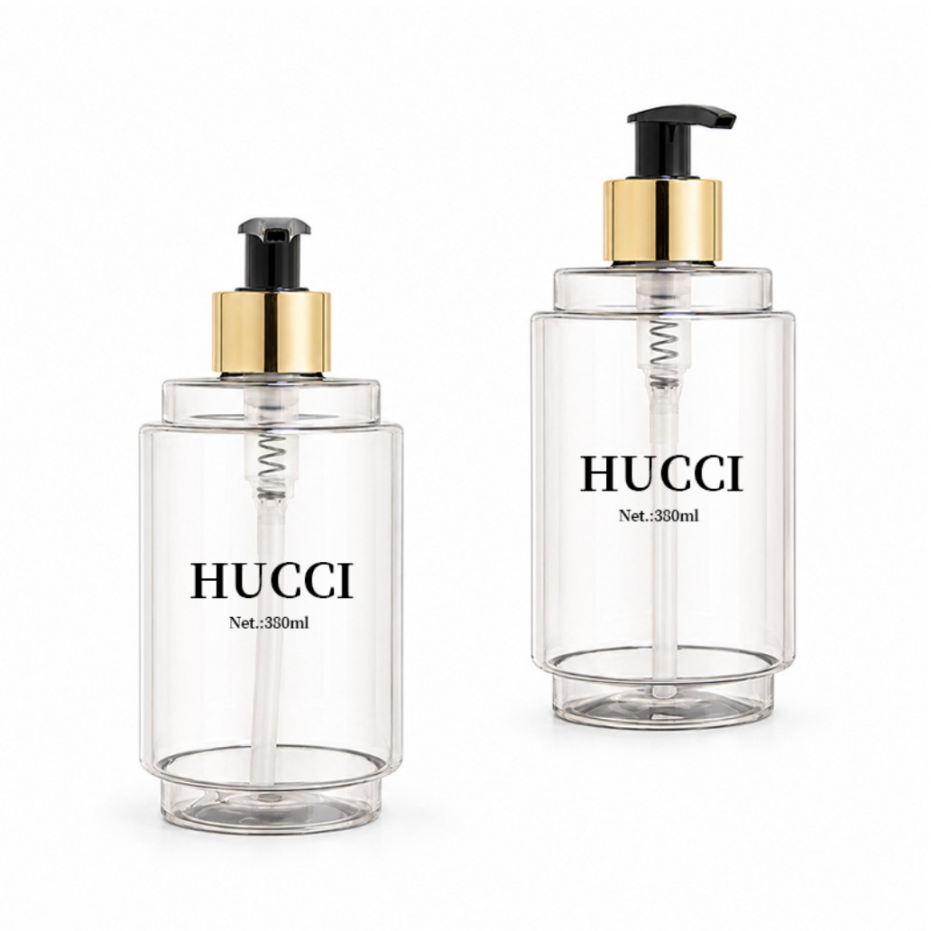 380ml clear square PET lotion pump bottle two sizes white background with gold collar black dispenser pump